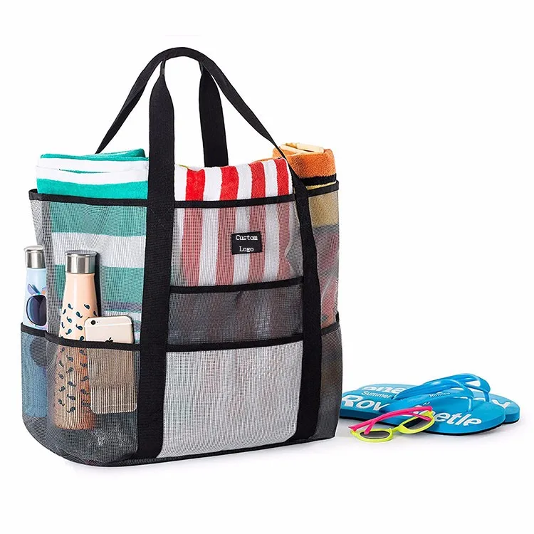 Custom Logo Multi Pockets Summer Large Mesh Beach Bag Tote With Zipper ...