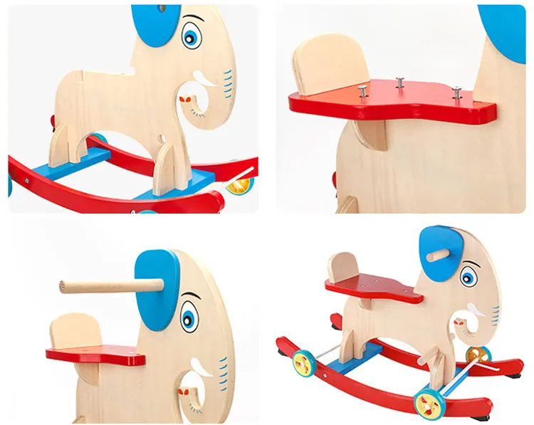 Wholesales Elephant Designed Wooden Rocking Horse Baby Wood Ride On Animal Toys With Wheels