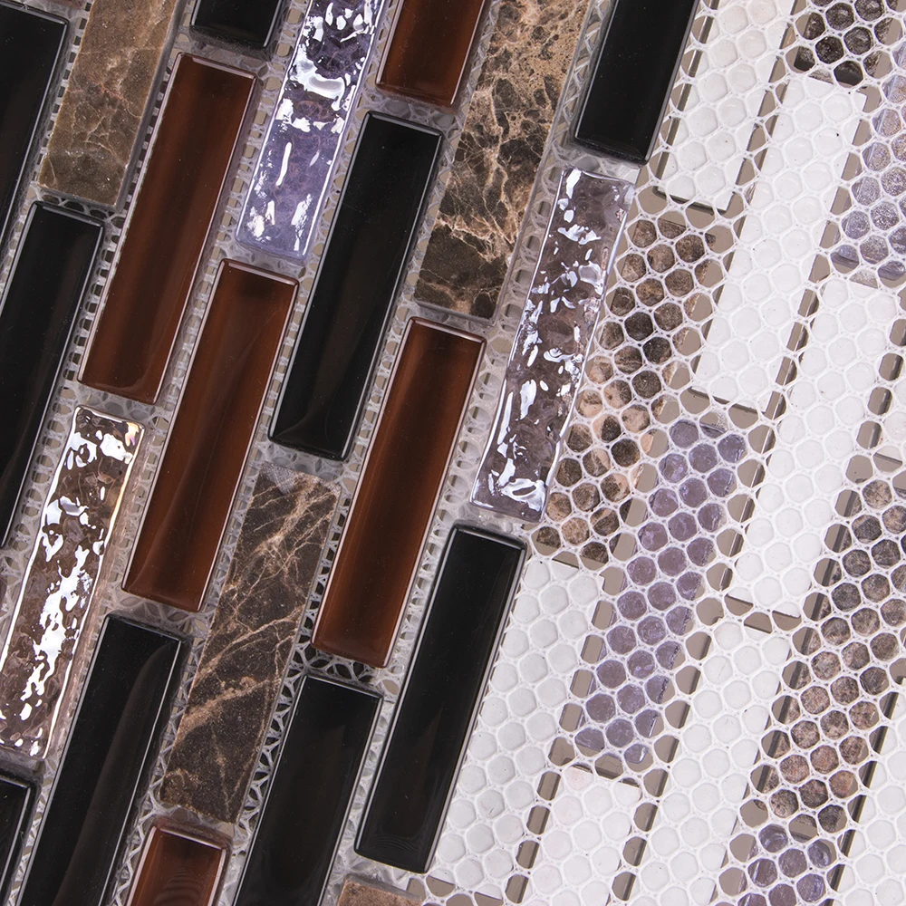 Black Red Glass Mix Electroplate and Marble Stone Random Brick Mosaic Tile