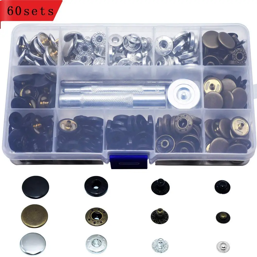 60 Set Snap Fasteners Kit for Leather/Clothing, Snaps Button Press Studs with 4 Pieces Fixing Tools Caps Diameter 0.6 inch
