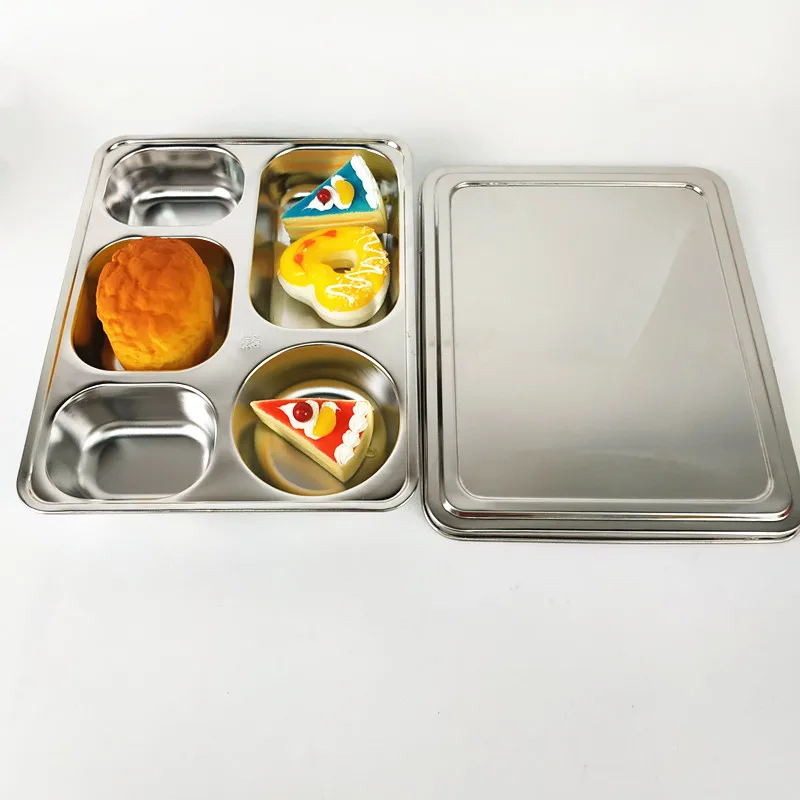 Durable 5 Compartments Rectangular Stainless Steel Kids Children's Tray