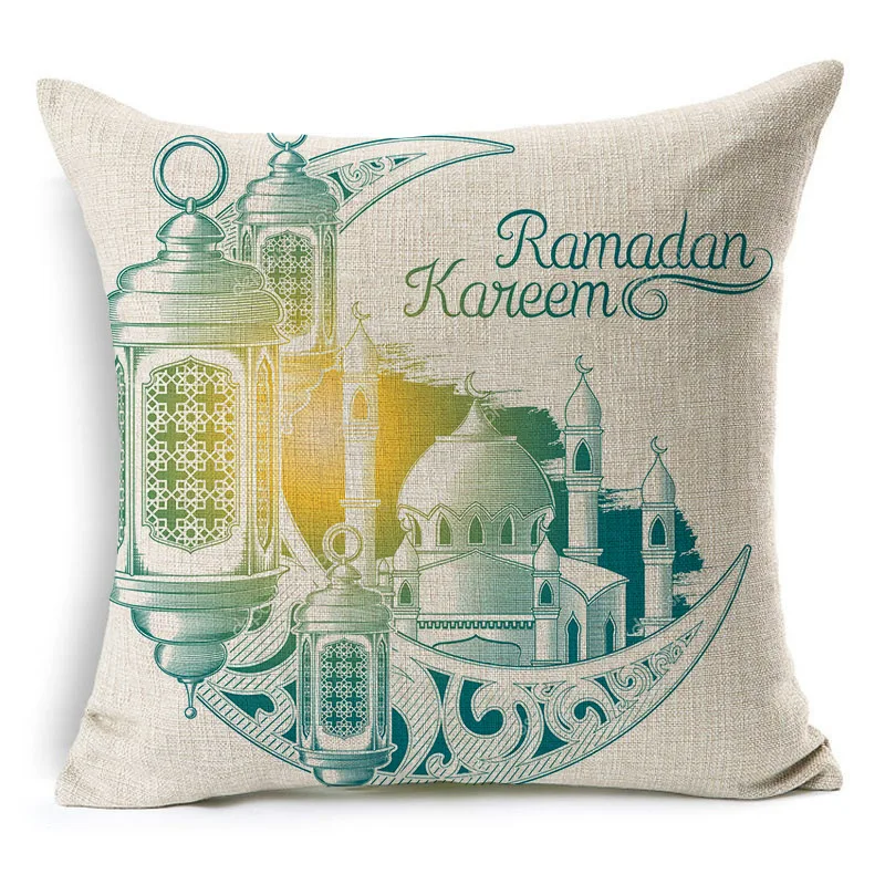 Ramadan Eid Mubarak Kareem Cushion Cover Painting Moon Stars Lantern