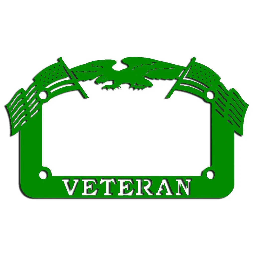 Green Powdercoat Motorcycle License Plate Frame Veteran Eagle American Flag Veteran - 1 Piece - Ferreus Industries - LIC-143-Green