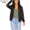 TONGYANG Lace Sleeve Women Basic Coats Long Sleeve Lace Patchwork Transparent Zipper Casual Slim Jacket Coat Bomber Jacket