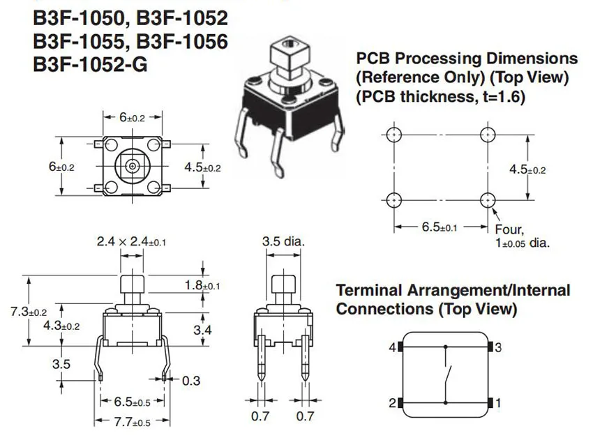 6x6触觉开关B3F-1050 B3F-1052 B3F-1055 B3F-1056 B3F-1052-G B3F-1150 B3F-1152 ...