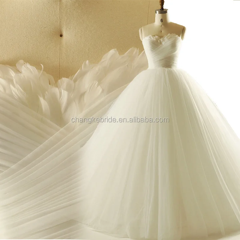 Long Tail Wedding Dress Feather Strapless Bridal Ball Gown Pleats