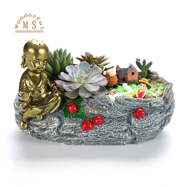 Resin Monk planter flower pot pool design,polyester fishing plantpot stone design, small polistone buddha garden flower pot