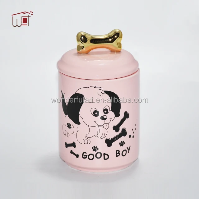 Pink Cylinder Ceramic dog design pet food container, dog treat jar, pet treat jars