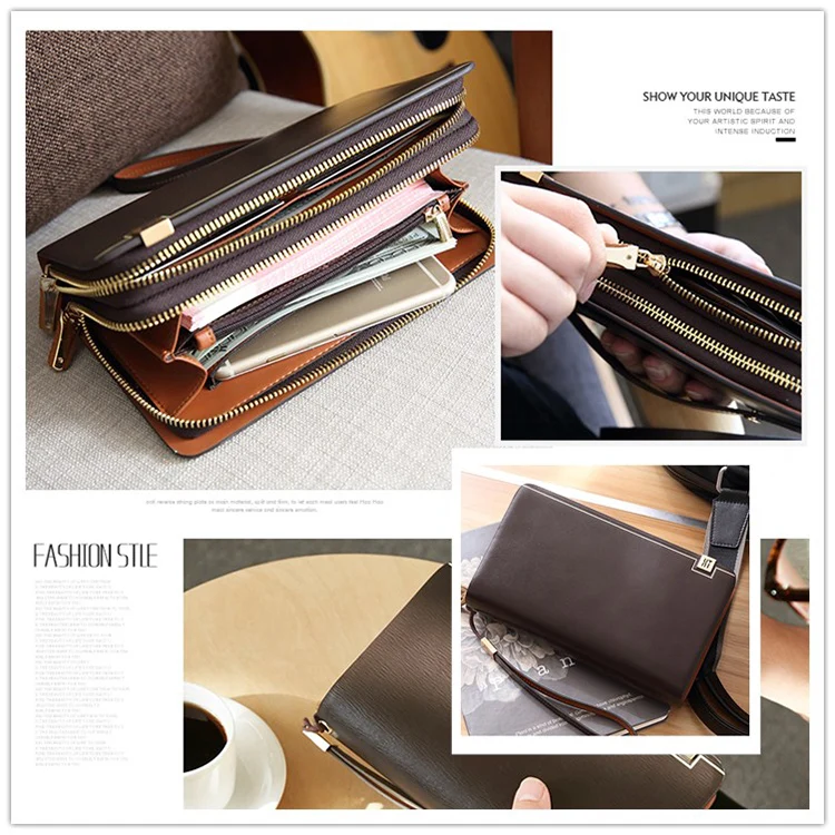 Fashional Top Cow Leather Professional double zipper Clutch Bag For Men leather wallet