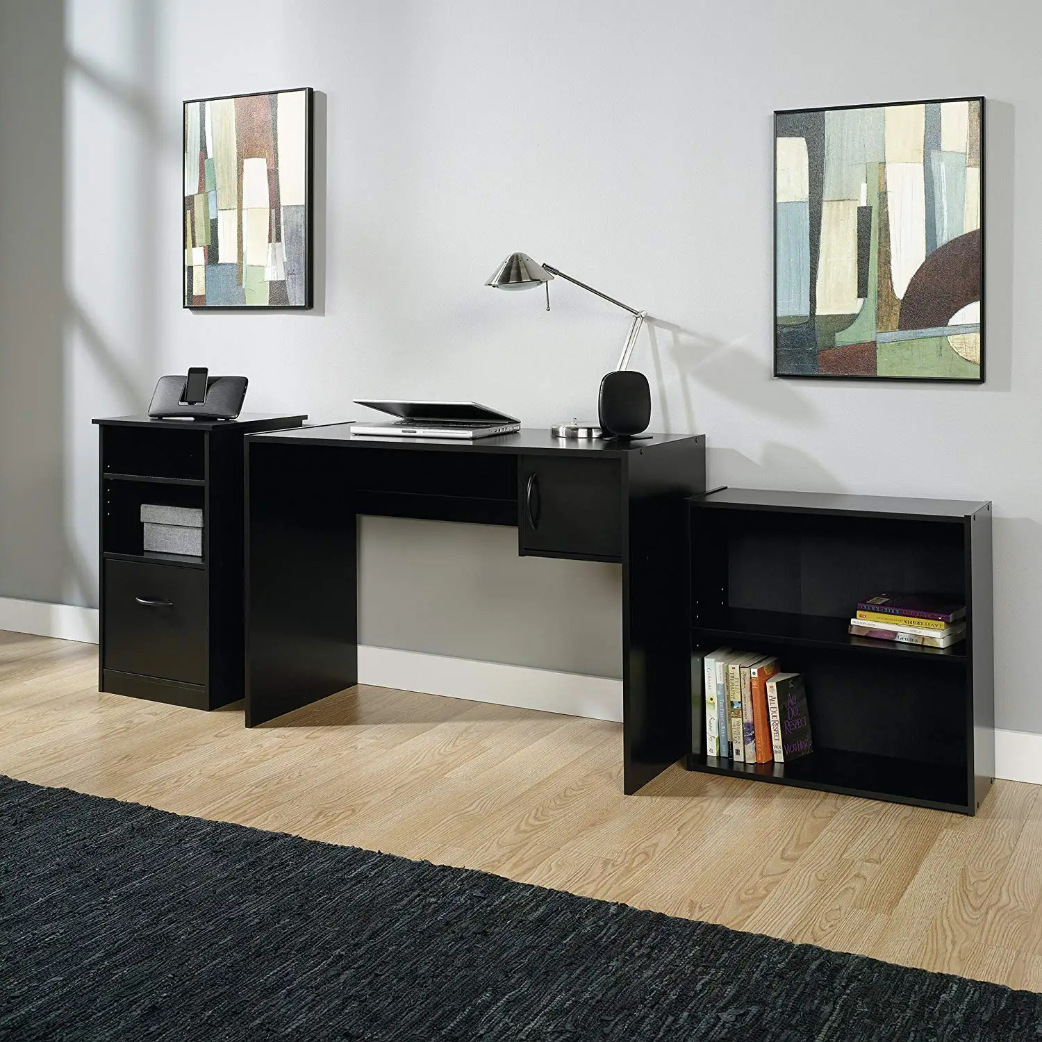 3-Piece Office Set, Includes a Bookcase, Desk and Cabinet all in an Elegant Black Finish to Match any Home Decor, 1 Adjustable Shelf, Storage Cabinet Features an Adjustable Shelf and a File Drawer