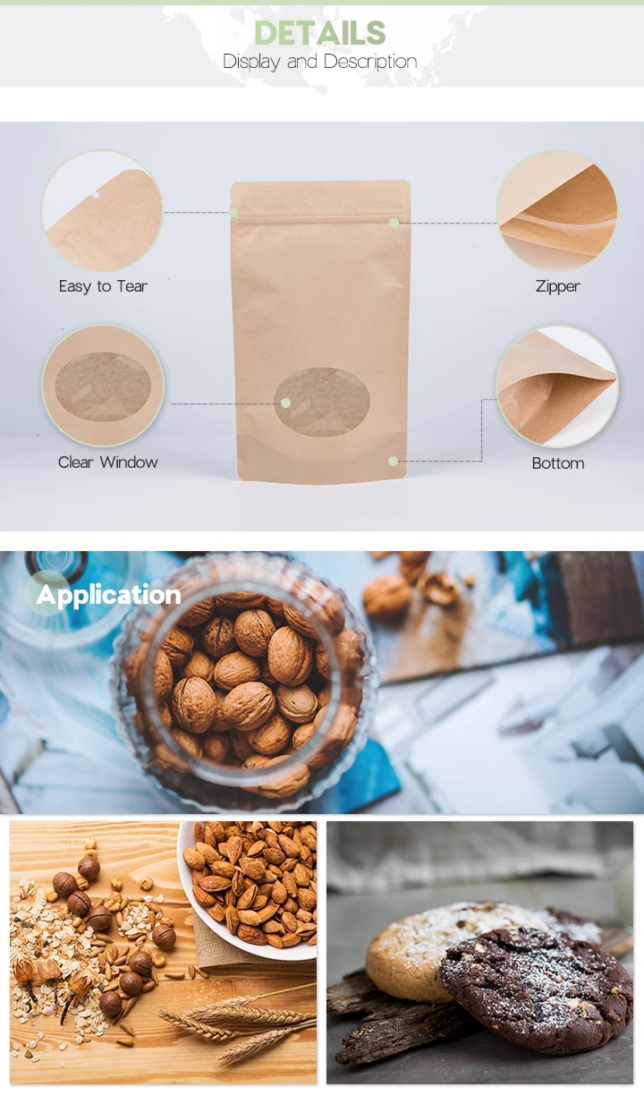 Bio Degradable Bag Stand Up Bio Bag Kraft Paper Packaging Zipper Bag with Window