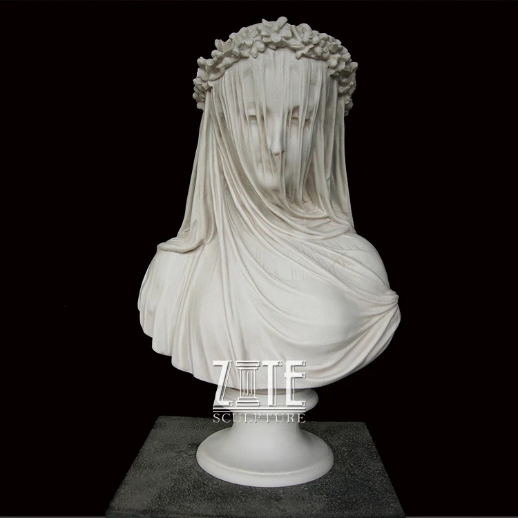 Sculpture Élégante De Buste De Femme Voilée En Marbre Blanc Sculpté À