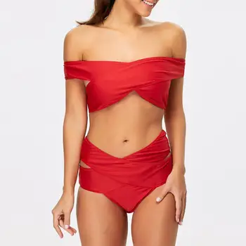 red off the shoulder bathing suit