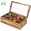 Country-themed Decors Style 8-Compartment Rustic Burnt Tea Box Wood With Clear Lid