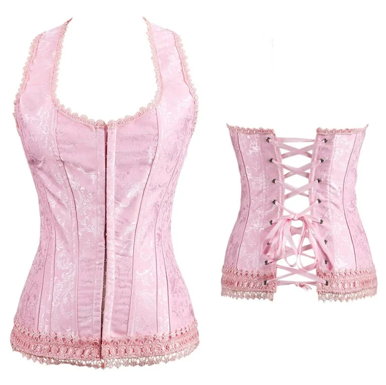 OULII Women Overbust Corset Lace up Bustier Skirt Lingerie Boned Corset Waist Cincher Shapewear Size 4XL Pink