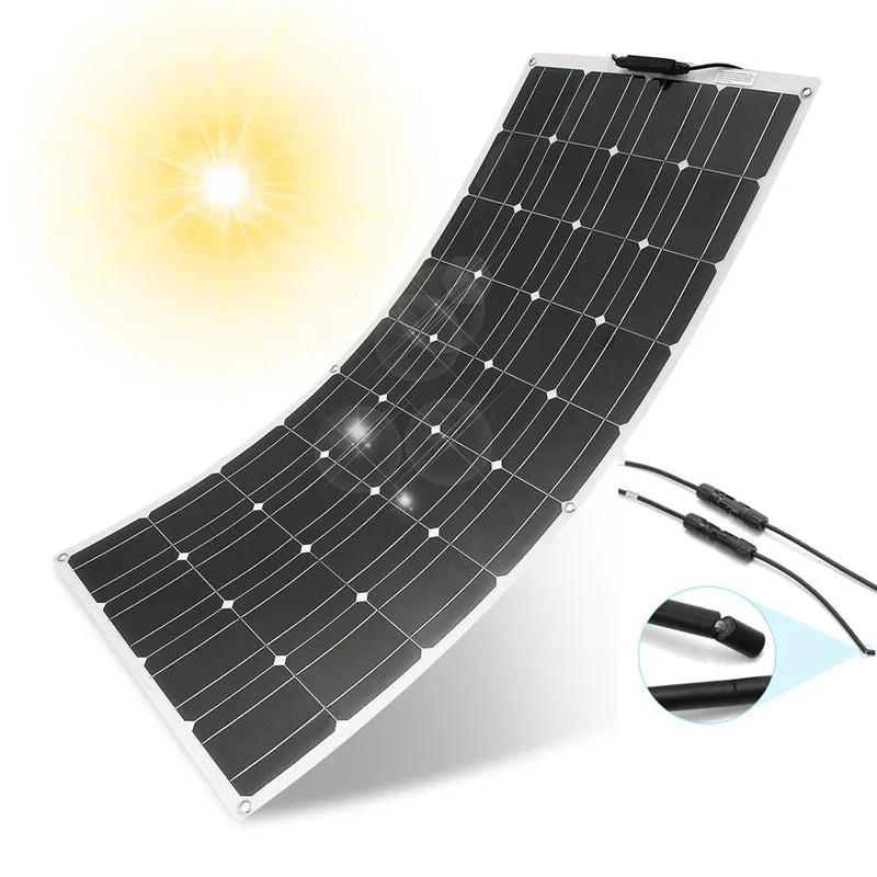 Side-by-side comparison of rigid, flexible, and bifacial 100W solar panels mounted on an RV roof