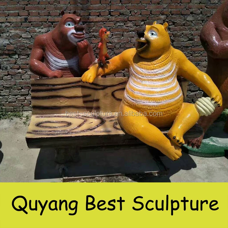 B&aacute;n bu&ocirc;n sợi thủy tinh phim hoạt h&igrave;nh gấu tr&ecirc;n băng ghế dự bị vườn tượng đi&ecirc;u khắc