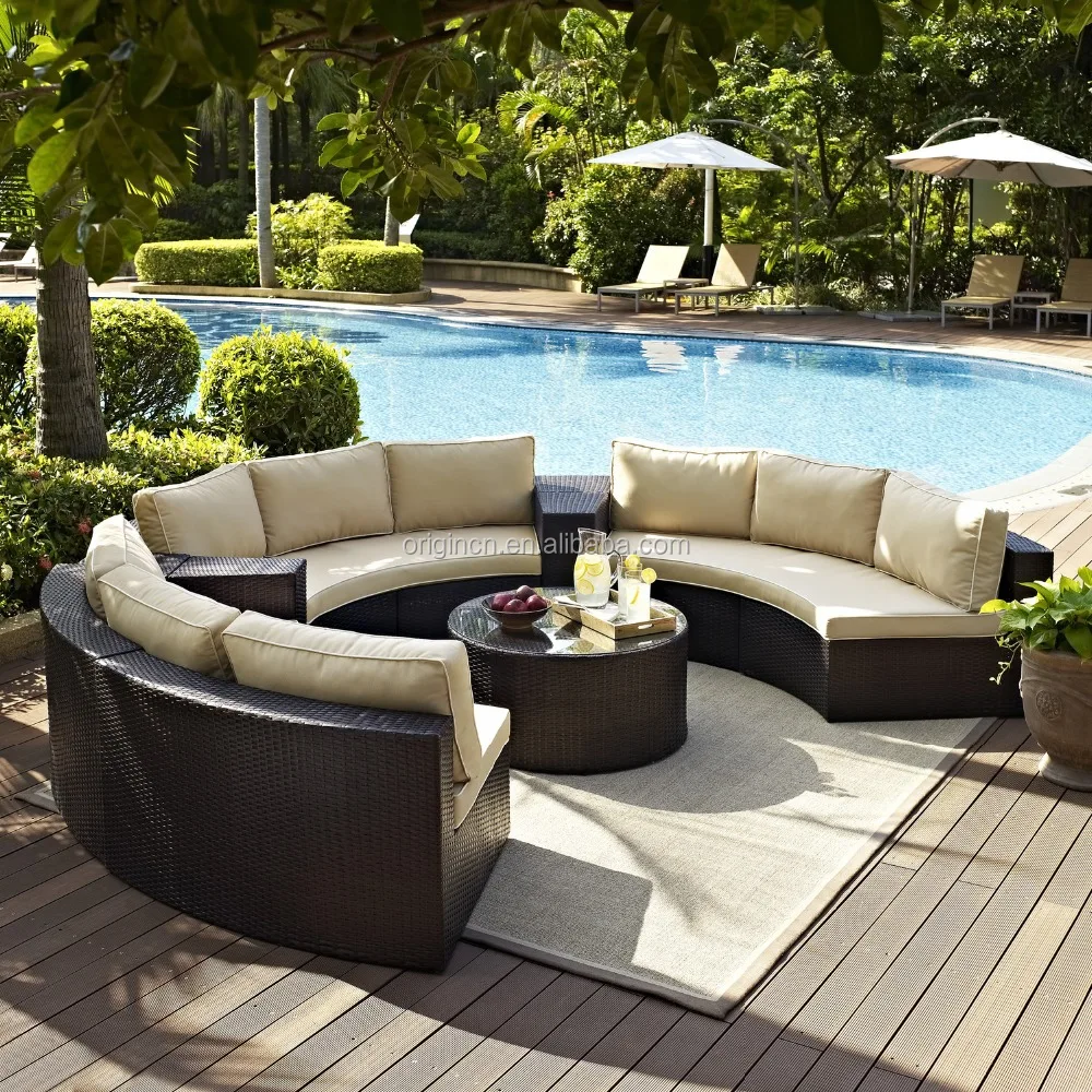 Semi circle patio wicker chairs with sectional arm tables rattan ...