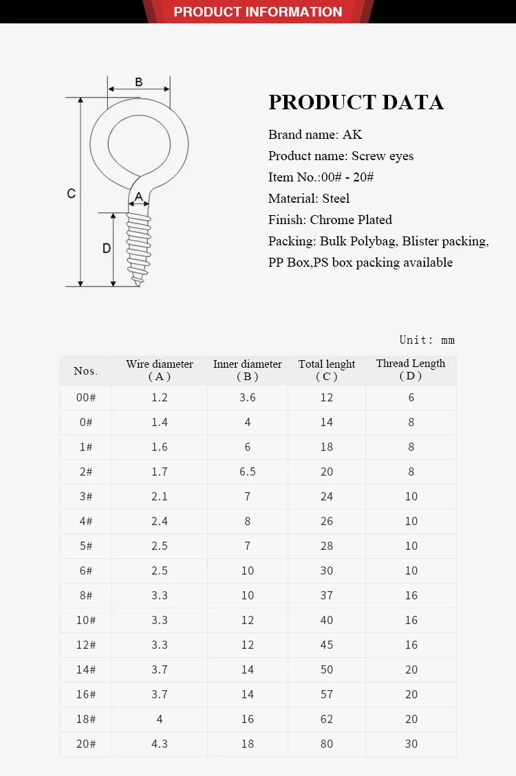 Hot Sale In Amazon Top Quality Eye Hook Screw Sizes From 00 To 20