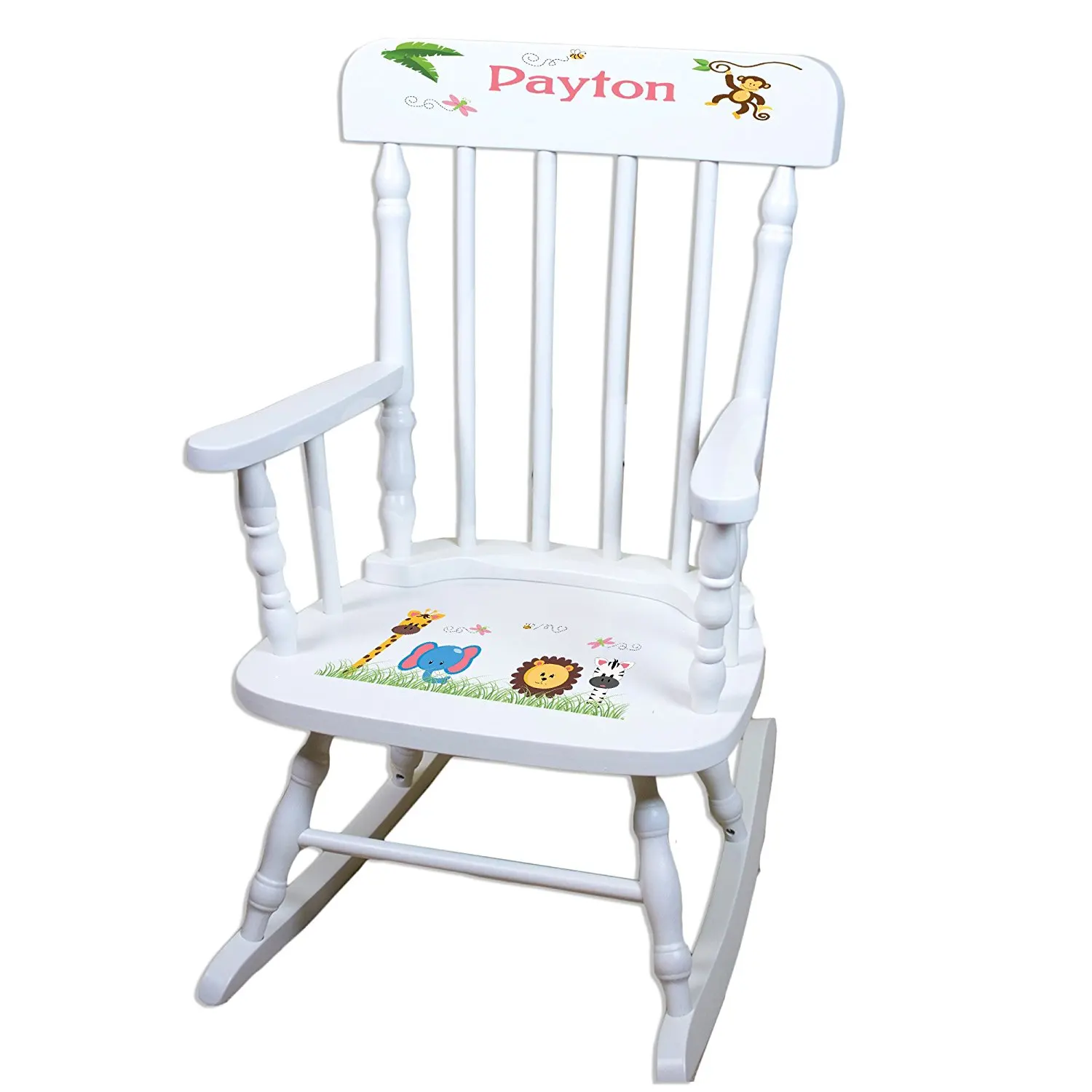 MyBambino Personalized White Spindle Rocking Chair with Jungle Animals Girl design design