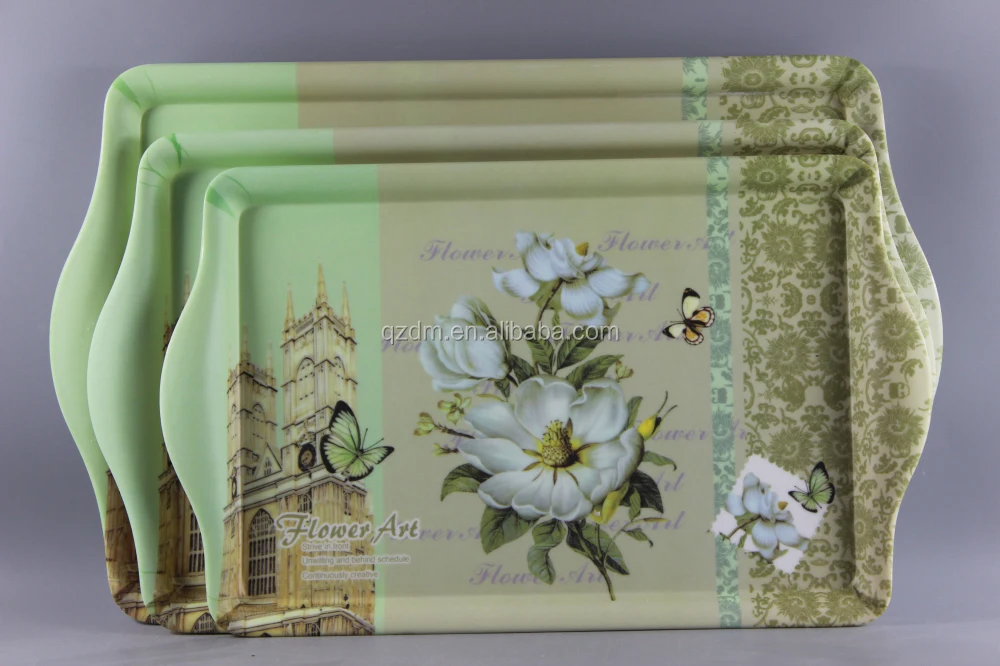 Flower Print Melamine Tray Set With Handle