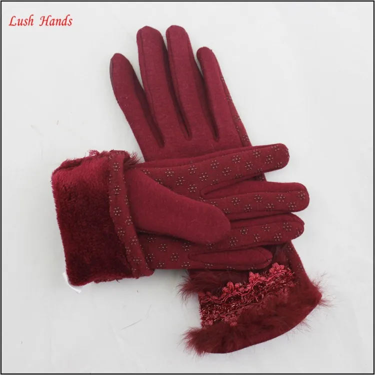 ladies cheap spring driving red micro velvet hand gloves with rabbit fur