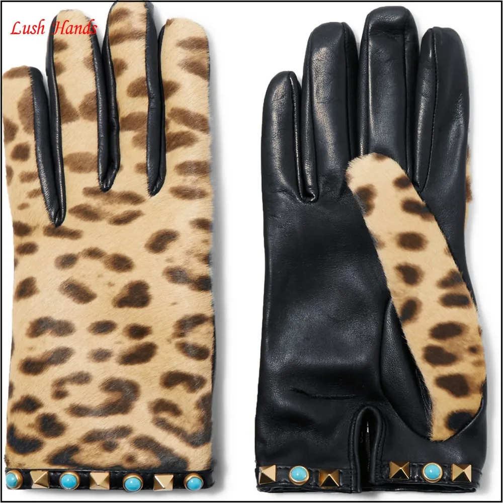 Embellished leopard-print pony hair and leather gloves for lady