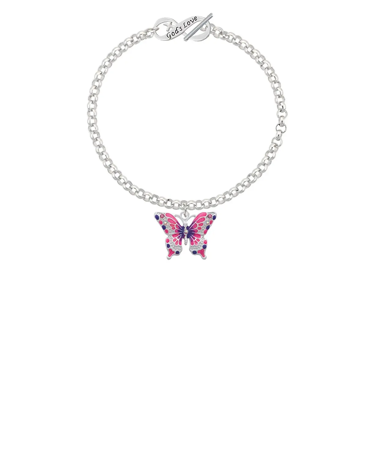 Silvertone Pink /& Purple Butterfly Locket Grandma Infinity Toggle Chain Bracelet 8