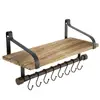 Floating Shelf Wall Shelf for Storage Rustic Wood Kitchen Spice Rack with Towel Bar and 8 Removable Hooks for Organize Cooking