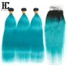 Ombre Bundles With Closure Straight 1B/Blue Peacock Two Tone Human Hair Remy Brazilian Straight Hair 3 Bundles With Closure