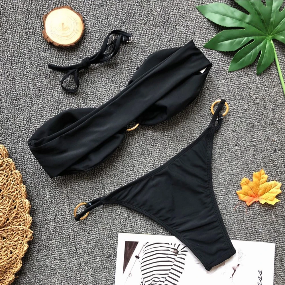 豹纹比基尼女式2019性感印花钢圈夏季泳衣两件套无肩带泳衣沐浴套装 2