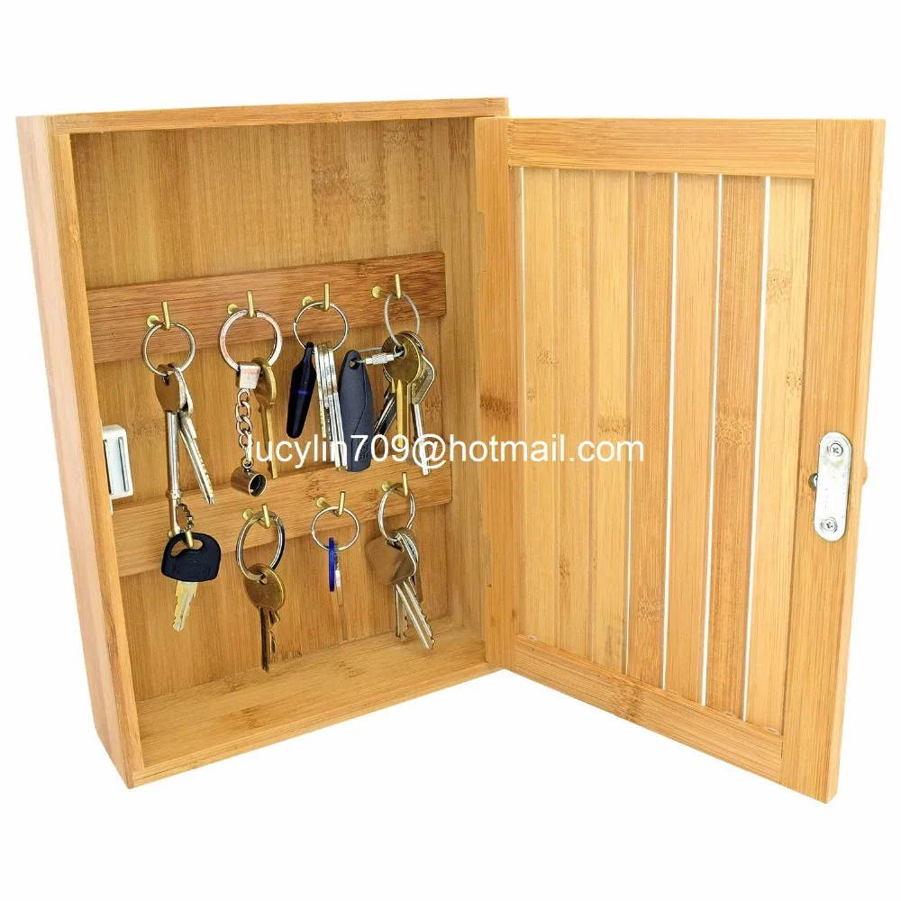 Bamboo Wall Mounted Key Box Organiser Storage Cabinet Hooks Keys Holder Cupboard 