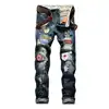 Men Stretchy Ripped Skinny Biker Embroidery Print Jeans Destroyed Hole Taped Slim Fit Denim Scratched High Quality Jean