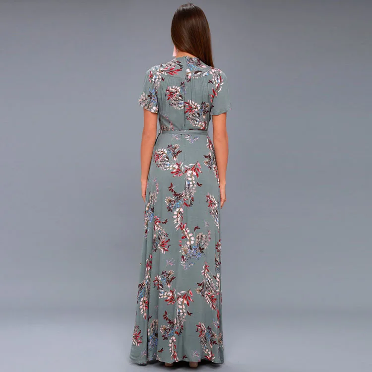 fiorire slate blue floral print wrap maxi dress