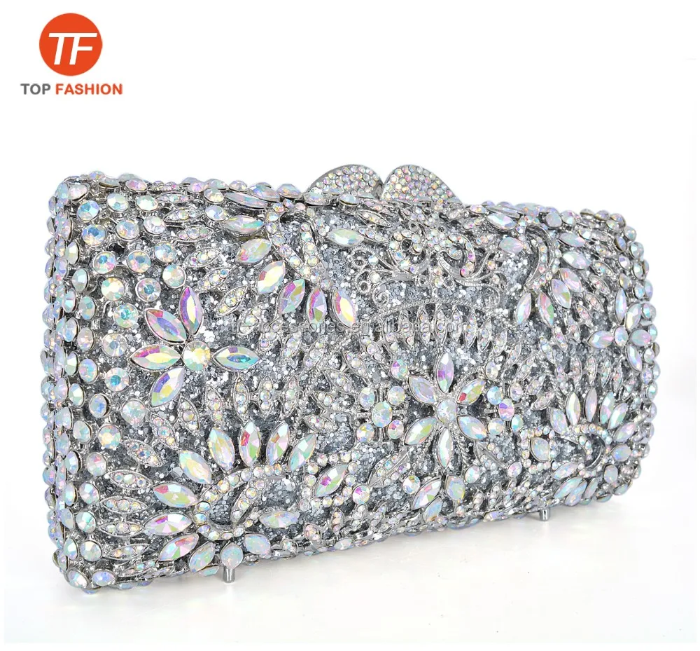 Luxury Crystal Rhinestone Clutch Purse Silver Florals Evening Bag For