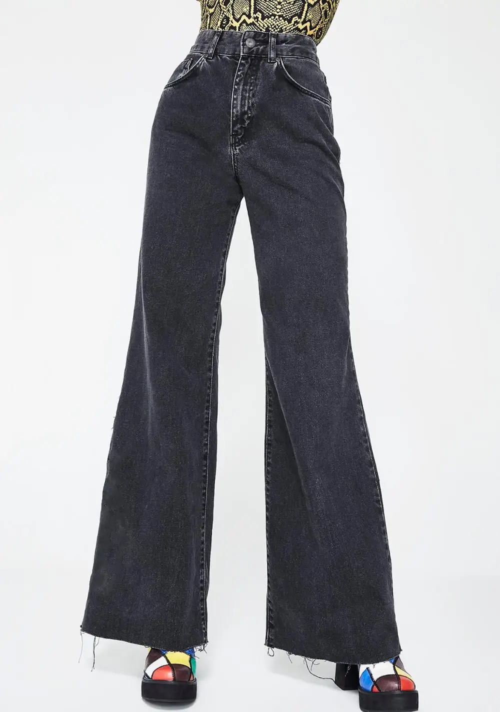 100% algodón desigual flared pantalones vaqueros de las 100% algodón desigual flared pantalones vaqueros de las