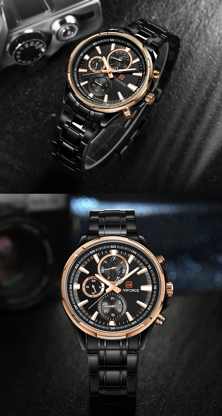 Naviforce 9089 Watch Men Brand Luxury Black Quartz Watch Stainless