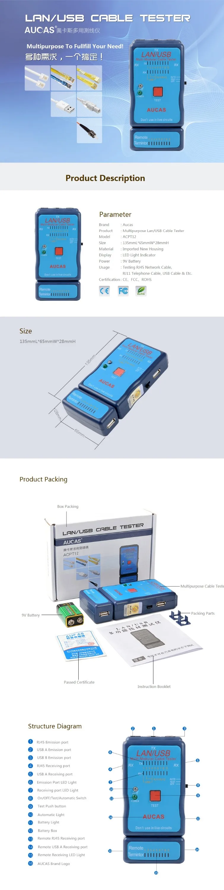4 In 1 UTP RJ45 RJ11 Cat5e Cat6 Network Lan Cable Tracker Tester