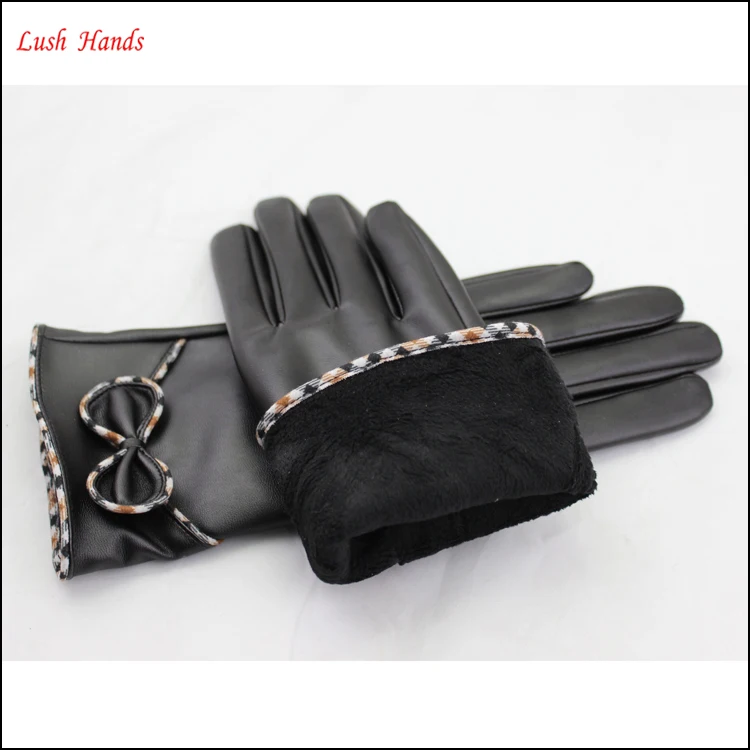 women wholesale winter polyester lining PU leather glove