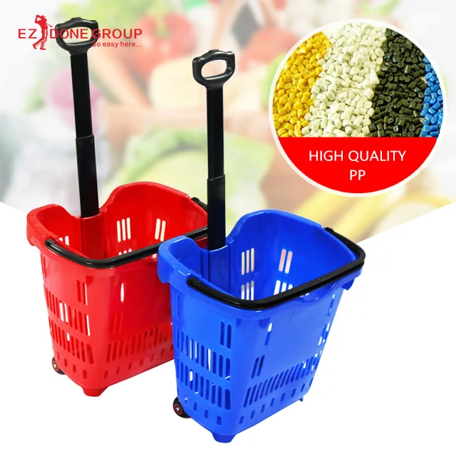 
PE broken-resistant Supermarket plastic shopping basket two wheels 55L with T handle Customization LOGO 