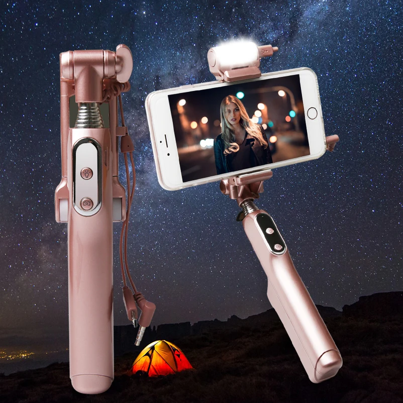 3 In 1 Portable Bluetooth Selfie Stick With Led Fill Light And Mirror