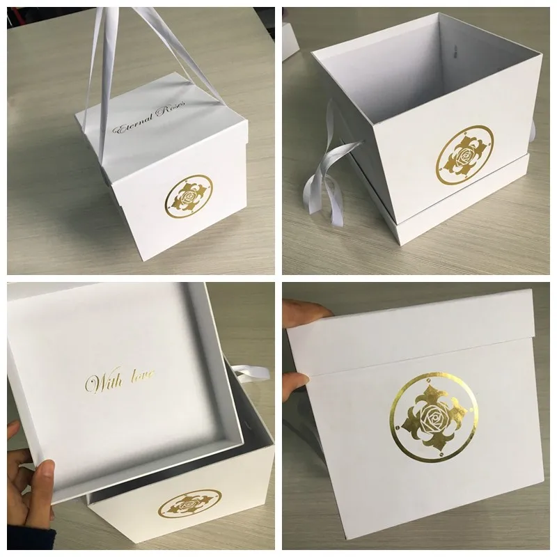 Rectangle Golden Shiny Logo Handle Matt White Gift Rose Flower Shopping Box