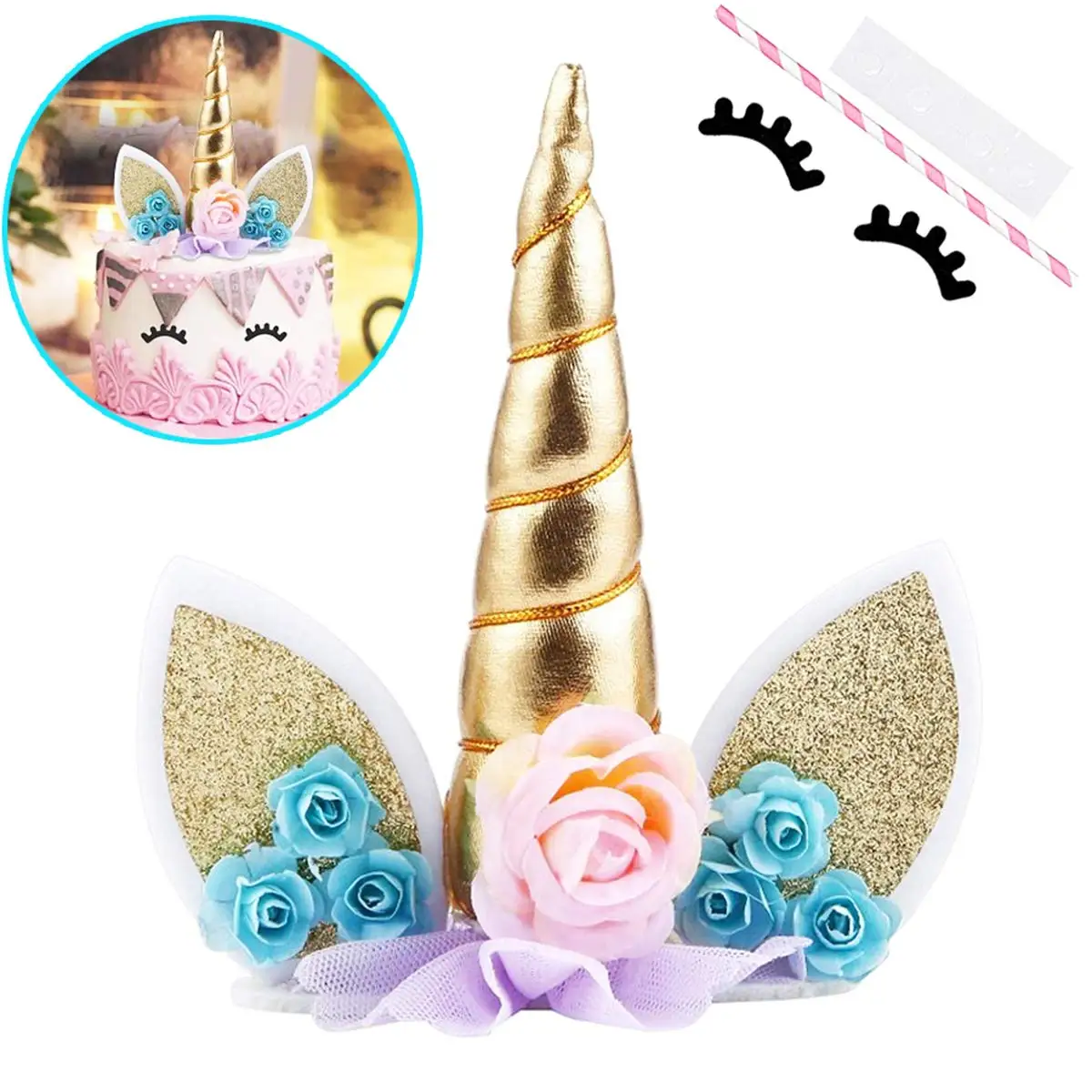 oro unicorno compleanno torta topper unicorno orecchie e fiori decorazione  del partito unicorno per la doccia del bambino festa di compleanno di  nozze