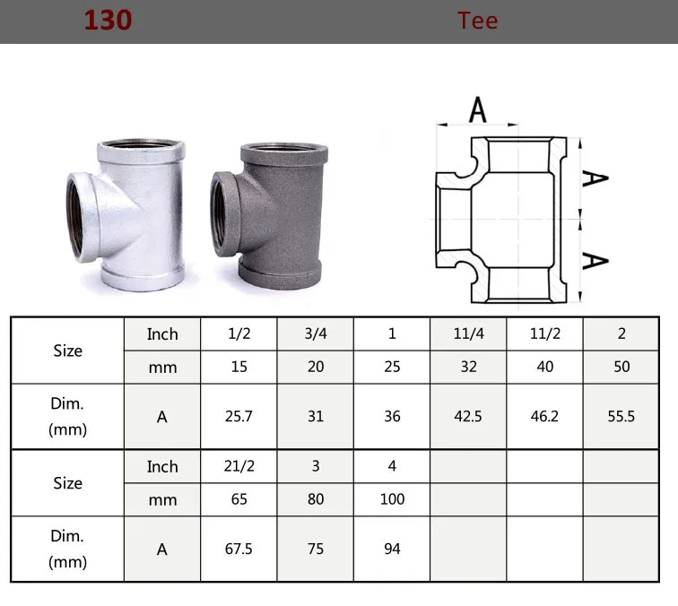 Gi 1/2" Tee Pipe Fittings Bend Heavy Duty White Npt Pipe Fitting Asme
