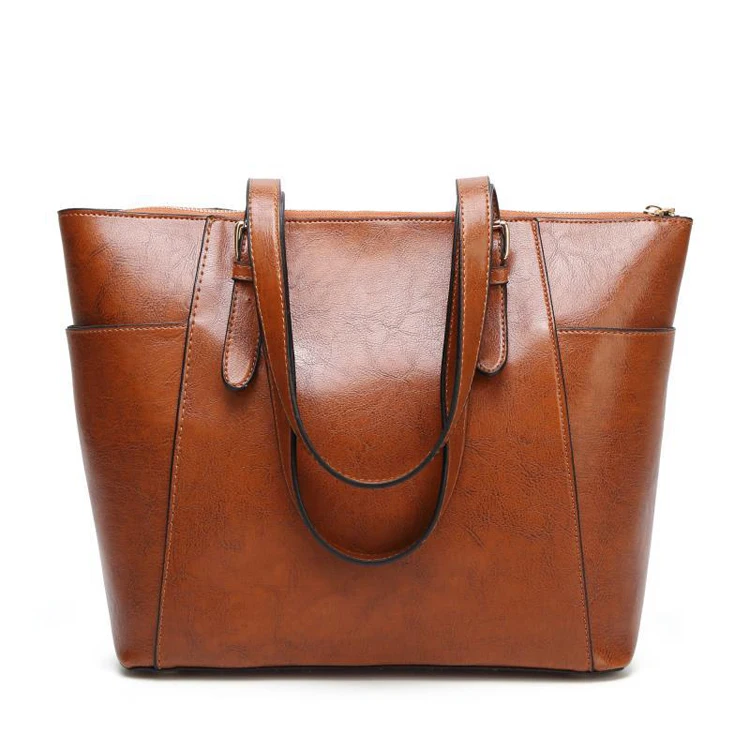 High Quality Design Oil Pu Ladies Leather Tote Bag With Shoulder Belt