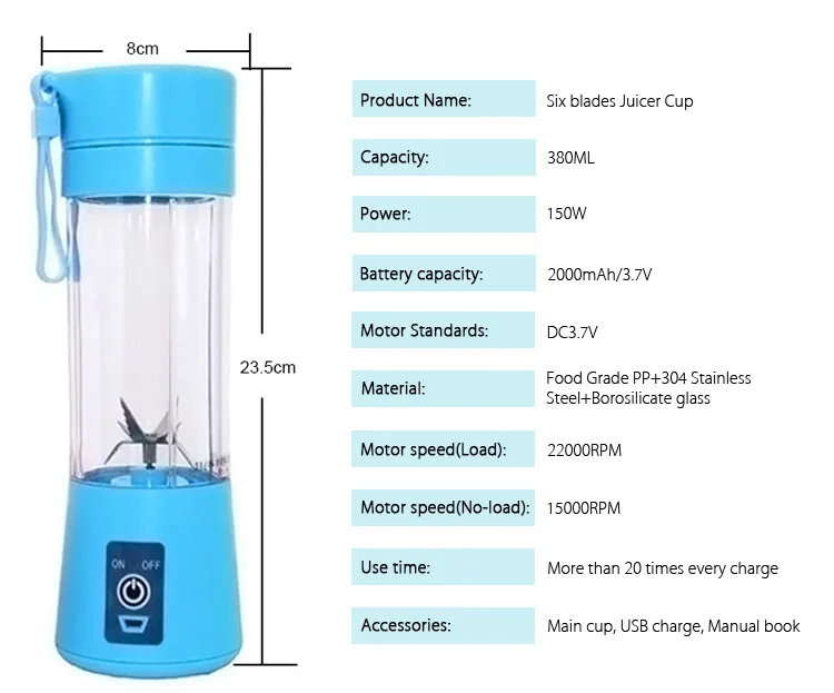 Easy To Clean Usb Hand Rechargeable Manual Personal Blender With 6