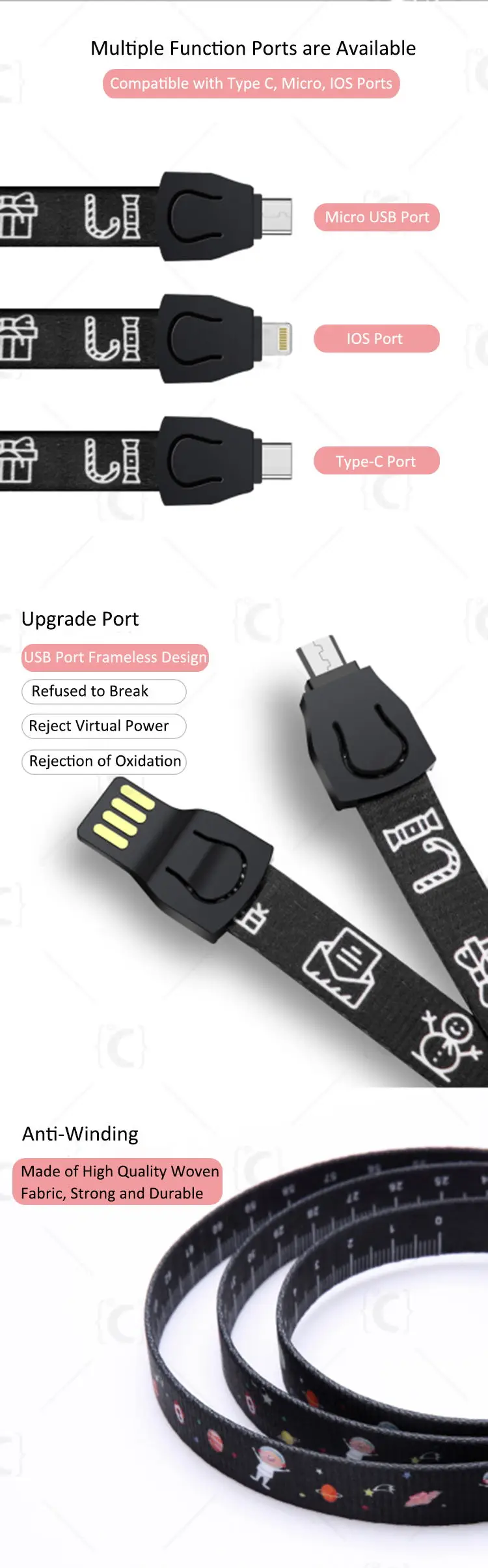 Lanyard Mobile Phone Dual Sided Type C Micro USB Data 3 in 1 Charging Cable with Custom Logo - ANKUX.COM