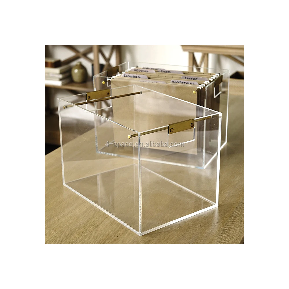 Uncovered Clear Lucite Document Storage Case Acrylic Display Box With Metal Bars Desk