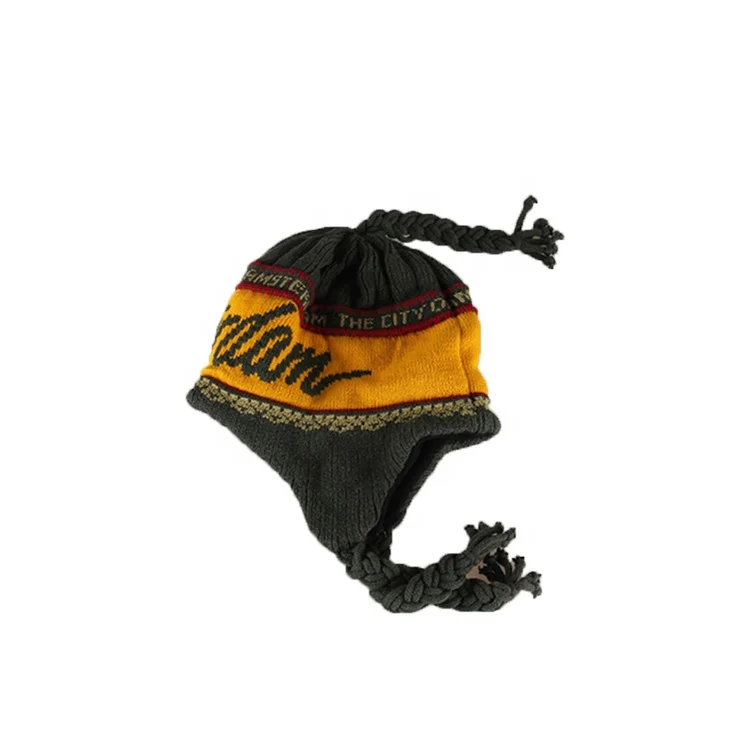 Knitted Woolen Stripe Ear Flap Hat With Fleece Winter Warm Free Pom Hat