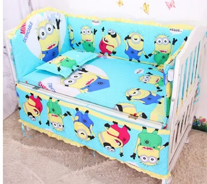 Promotion 6pcs Minions Baby Cot Crib Bedding set for girl and boys include bumpers sheet pillow